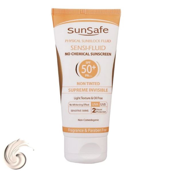 تصویر  فلوئید ضد آفتاب بی رنگ سان سیف با SPF50 مناسب پوست حساس حجم 50 گرم